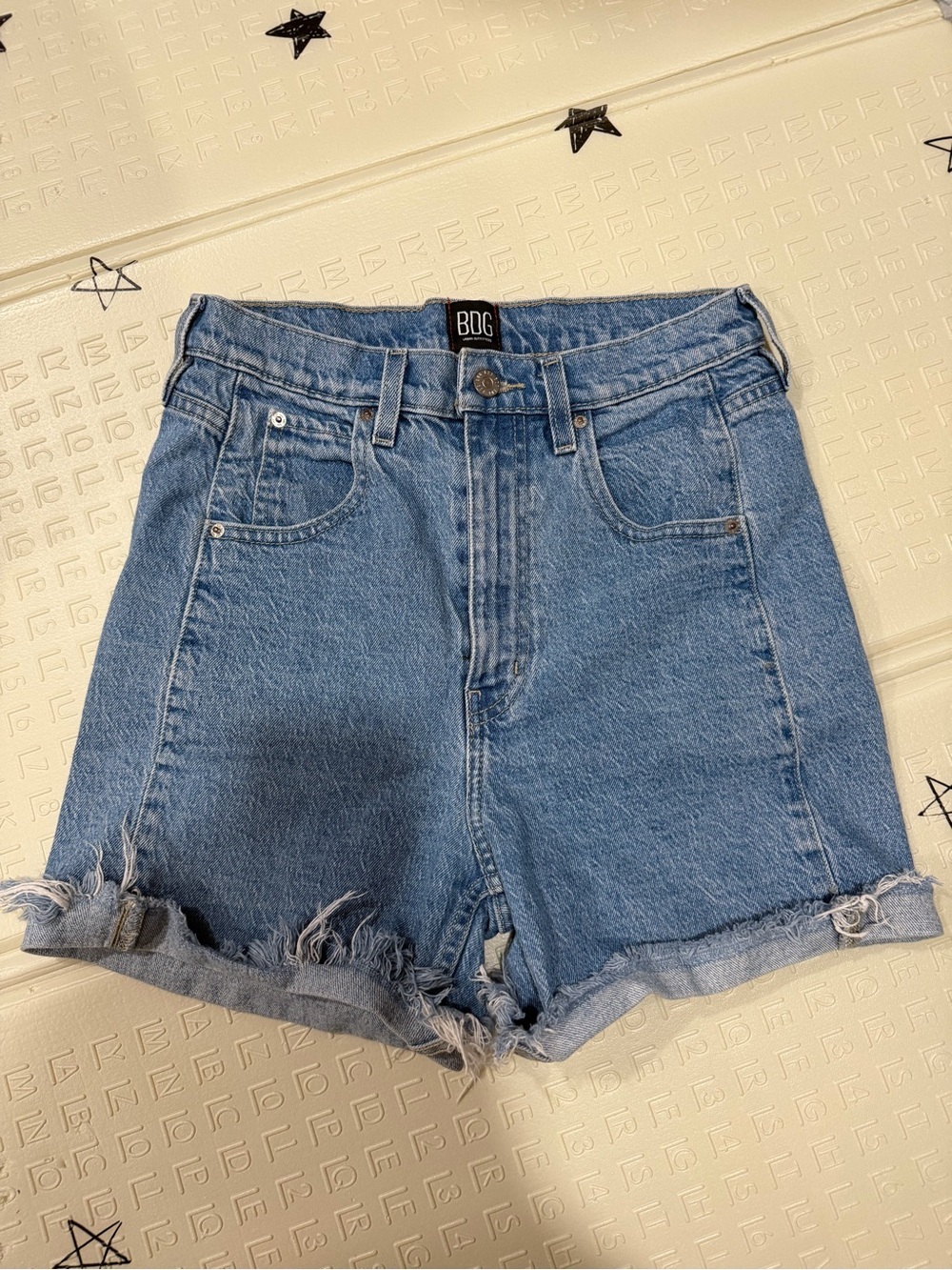 BDG Light Blue High-Rise Frayed Hem Jean Shorts